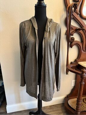 Tahari Lightweight Linen Hooded Open-Front Cardigan - Gray/Green